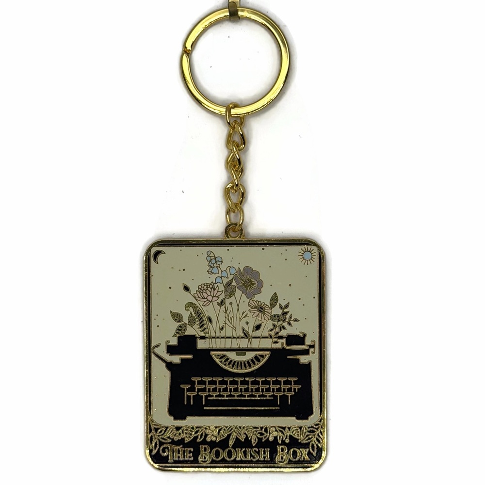 The Bookish Box Floral Typewriter Metal Keychain Cream Black
